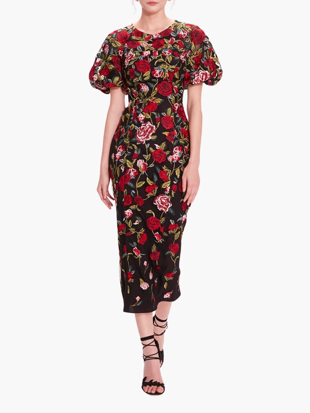Black Floral Midi Dress with Puff Sleeves